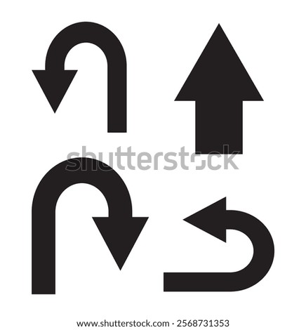 U turn arrow symbol icon set. Direction Icon Set. Go Straight This Way One Way Only U Turn Left and Right Black and White Arrow vector illustration.