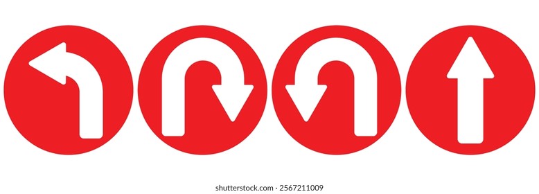 U turn arrow symbol vector icon set for website design.  Direction Icon Set. Go Straight This Way One Way Only U Turn Left and Right Red arrow symbol.