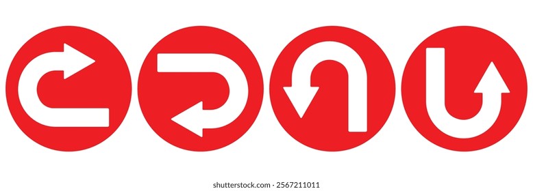 U turn arrow symbol vector icon set for website design.  Direction Icon Set. Go Straight This Way One Way Only U Turn Left and Right Red arrow symbol.