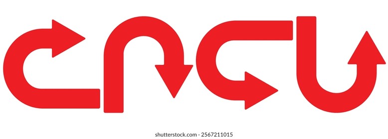 U turn arrow symbol vector icon set for website design.  Direction Icon Set. Go Straight This Way One Way Only U Turn Left and Right Red arrow symbol.