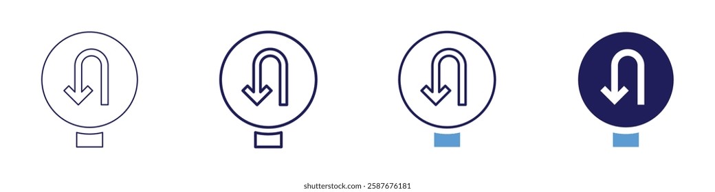 U turn icon in 4 different styles. Thin Line, Line, Bold Line, Duotone. Duotone style. Editable stroke.