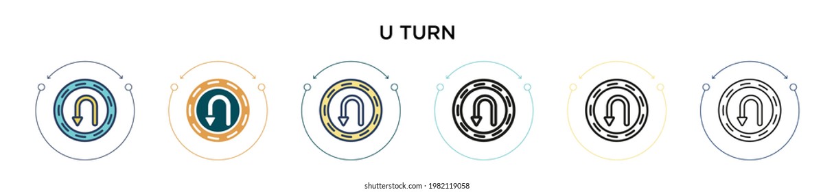 U turn icon in filled, thin line, outline and stroke style. Vector illustration of two colored and black u turn vector icons designs can be used for mobile, ui, web