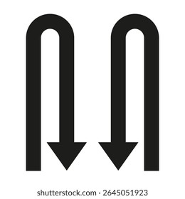 U turn icon. Reverse movement vector. Road direction sign. Navigation black arrow.