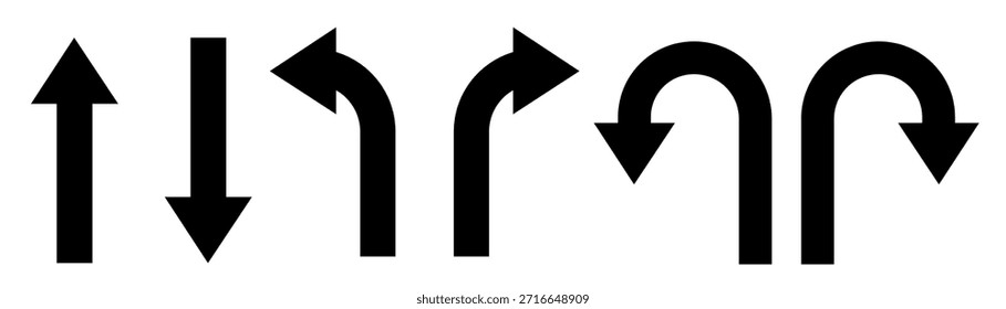 U Gire a la izquierda y derecha Flecha negra Signo Dirección Conjunto de iconos. Conjunto de iconos de dirección. Ir recto, por aquí, de una sola manera U girar, flecha izquierda y derecha.