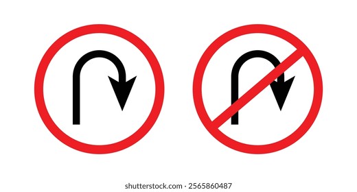 U turn right prohibited road sign, no right u turn allowed, move direction forbidden, red crossed circle vector pictogram in eps 10.