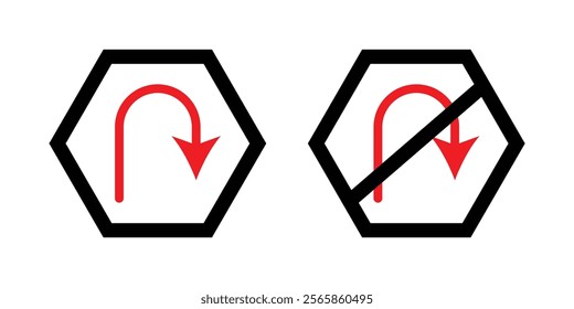 U turn right prohibited road sign, no right u turn allowed, move direction forbidden, red crossed circle vector pictogram in eps 10.