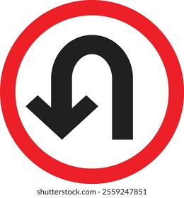 U Turn Sign, red circle, black arrow, sign in trendy style design. Vector