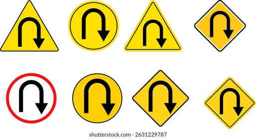 U Turn Sign Set. sharp turn warning. turn u sign. driving navigation icon. traffic direction and Road safety. warning road sign
