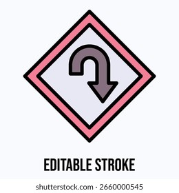 U Turn Sign Vector Icon, Isolated Vector Lineal Color Style Icon, Editable Stroke.
