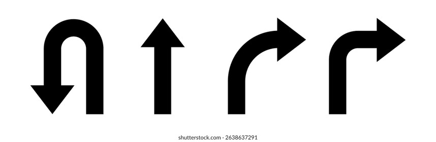 U turn sign vector illustration, U-Turn right and left traffic road sign, black arrow sign direction icon set, Go straight, U turn, right and left, this way, one way, only U turn icon, traffic signs.