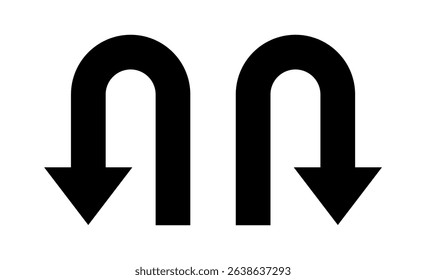 U turn sign vector illustration, U-Turn right and left traffic road sign, black arrow sign direction icon set, Go straight, U turn, right and left, this way, one way, only U turn icon, traffic signs.