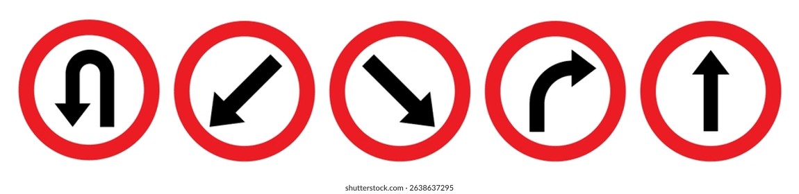 U turn sign vector illustration, U-Turn right and left traffic road sign, black arrow sign direction icon set, Go straight, U turn, right and left, this way, one way, only U turn icon, traffic signs.
