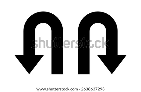 U turn sign vector illustration, U-Turn right and left traffic road sign, black arrow sign direction icon set, Go straight, U turn, right and left, this way, one way, only U turn icon, traffic signs.