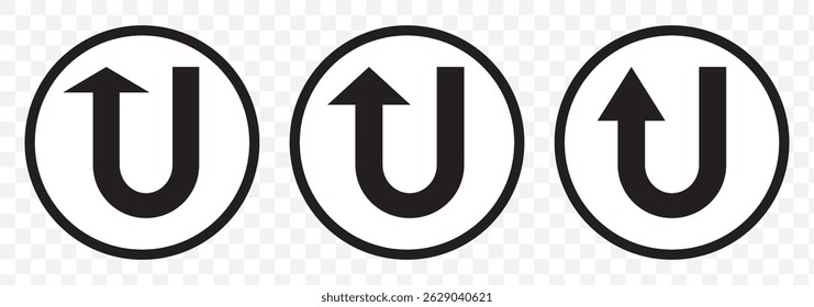 U turn, This Way, One Way, Only U Turn Black Arrow Sign Direction Icon Set. U turn sign vector art. Vector Illustration. U turn arrow symbol icon set on Transparent Background. EPS 10.