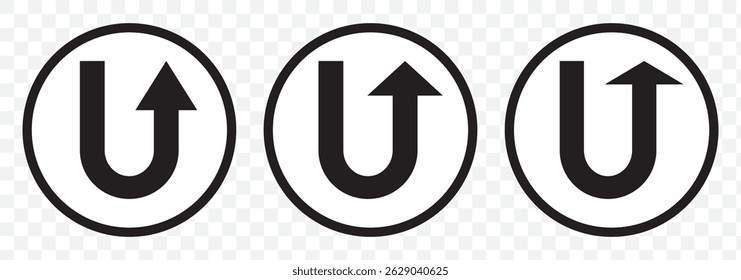 U turn, This Way, One Way, Only U Turn Black Arrow Sign Direction Icon Set. U turn sign vector art. Vector Illustration. U turn arrow symbol icon set on Transparent Background. EPS 10.