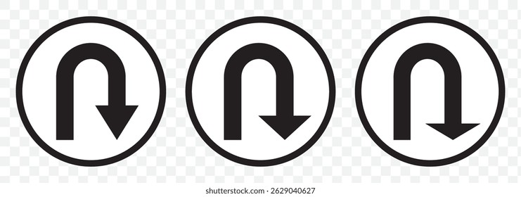U turn, This Way, One Way, Only U Turn Black Arrow Sign Direction Icon Set. U turn sign vector art. Vector Illustration. U turn arrow symbol icon set on Transparent Background. EPS 10.