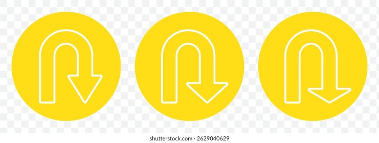 U turn, This Way, One Way, Only U Turn Yellow Arrow Sign Direction Icon Set. U turn sign vector art. Vector Illustration. U turn arrow symbol icon set on Transparent Background. EPS 10.