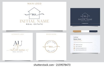 A U UA Initial handwriting Real estate signature logo with business card design vector template. 