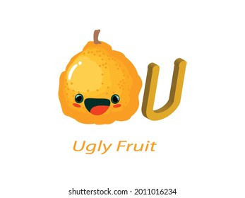 U for Ugly fruit Alphabet Vector illustration. Fruit and Vegetables Name Alphabet symbol. Kids Nursery isolated on white background, Clip Art, Cute, Cartoon ABC