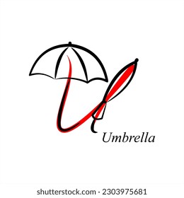 U - Umbrella. ABC with objects. Series of letters A-Z. Images of objects. Minimalism. Beautiful letters. Line drawing. logo design initial U combine with object.