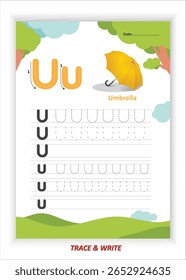 U para Umbrella Alphabet Tracing and Writing Practice for Kids Printable EPS Vetor File with Umbrella Themed Letter U Activities Planilhas de caligrafia pré-escolar e Kindergarten Belas habilidades motoras