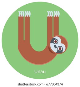 U is for Unau. Alphabet in form of animals. Flat design illustration
