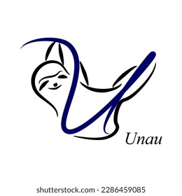 U - Unau (la pereza de dos dedos de Linneo). ABC con animales. Una serie de letras A-Z. Imágenes de animales. Minimalismo. Bonitas cartas. Dibujo de línea. logotipo. 