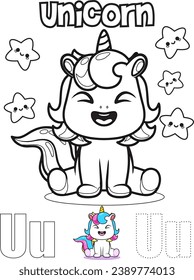 U For Unicorn Alphabet with Cute Animal illustration Coloring Page Kids Preschool