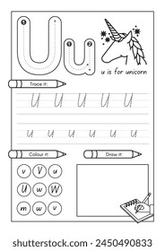 U is for Unicorn Alphabet Worksheets for Kindergarten