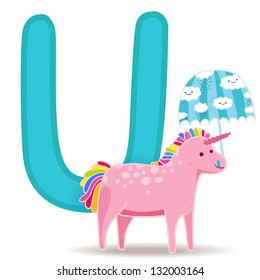 U for unicorn and umbrella. Letter for funny alphabet.