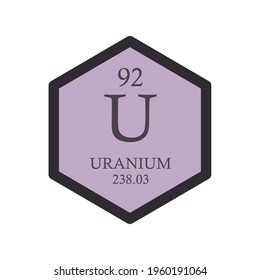 U Uranium Actinoid Chemical Element Periodic Table. Hexagon vector illustration, simple clean style Icon with molar mass and atomic number for Lab, science or chemistry education.