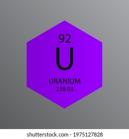 U Uranium Actinoid Chemical Element Periodic Table. Hexagon vector illustration, simple clean style Icon with molar mass and atomic number for Lab, science or chemistry education.
