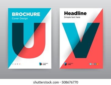 U, V, Red blue big diagonal geometric shapes cover graphic print letter layout in A4 size brochure flyer template design, roll up annual report stock vector Leaflet EPS 10, catalog booklet, typography
