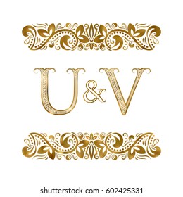 U and V vintage initials logo symbol. The letters are surrounded by ornamental elements. Wedding or business partners monogram in royal style.