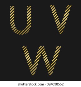 U V W letters. Golden striped alphabet, vector illustration