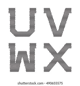 U, V, W, X black wavy lines letters. Stripy font.