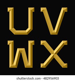 U, V, W, X gold faceted letters. Trendy and stylish golden font.