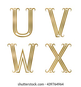 U, V, W, X golden letters. Font of lines with flourishes. Type in art deco style.