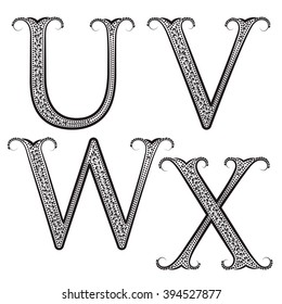 U, V, W, X vintage patterned letters. Font in floral baroque style.