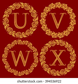 U, V, W, X vintage monograms in floral wreath. Golden heraldic labels in round frames. Alphabetic signs set.