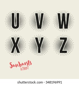 U V W X Y Z Sunbursts Effect Stipple Alphabet - Bold Font with Sunburst Made from Little Dots - Halftone Vector Illustration