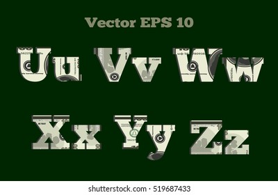 u; v; w; x; y; z letters made of hundred dollars banknotes