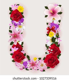 U, vector font with realistic of beautiful tropical flowers on background color.