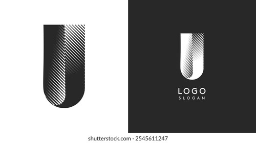 Letra vetorial U. Monograma de contraste afiado greve eclosão diagonal para olhar industrial ainda moderno. Modelo de logotipo em negrito alto. Design de conceito de logotipo para marca em tecnologia, arquitetura, moda