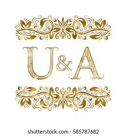 U and A vintage initials logo symbol. The letters are surrounded by ornamental elements. Wedding or business partners monogram in royal style.