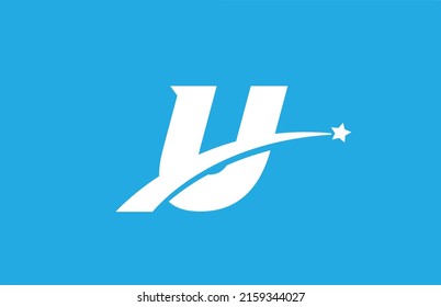 U white alphabet letter logo icon with star. Creative design for company or business on blue background
