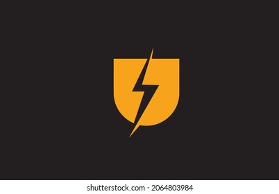 U yellow black alphabet letter logo icon. Electric lightning design for power or energy company