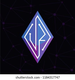 U Z Initial letter block chain logo icon vector template. Looping mono line circuit letter on rhombus cube logo