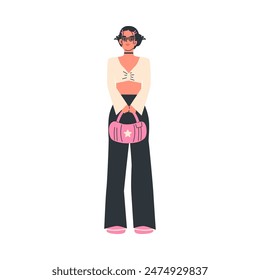 U2K Fashion. Vector illustration with a stylish girl in a short top and flared pants, reminiscent of the late 90s, early 2000s. Retro outfit theme in flat cartoon style. Isolated iPhone.