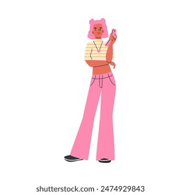 U2K retro fashion. A girl with pink hair is wearing a short top and pink flared jeans. Vector illustration reflecting the trend of the late 90s - early 2000s. Flat cartoon style, isolated background.